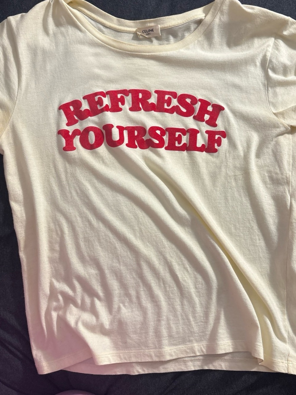 Celine Cream Tee With Bold Red Lettering